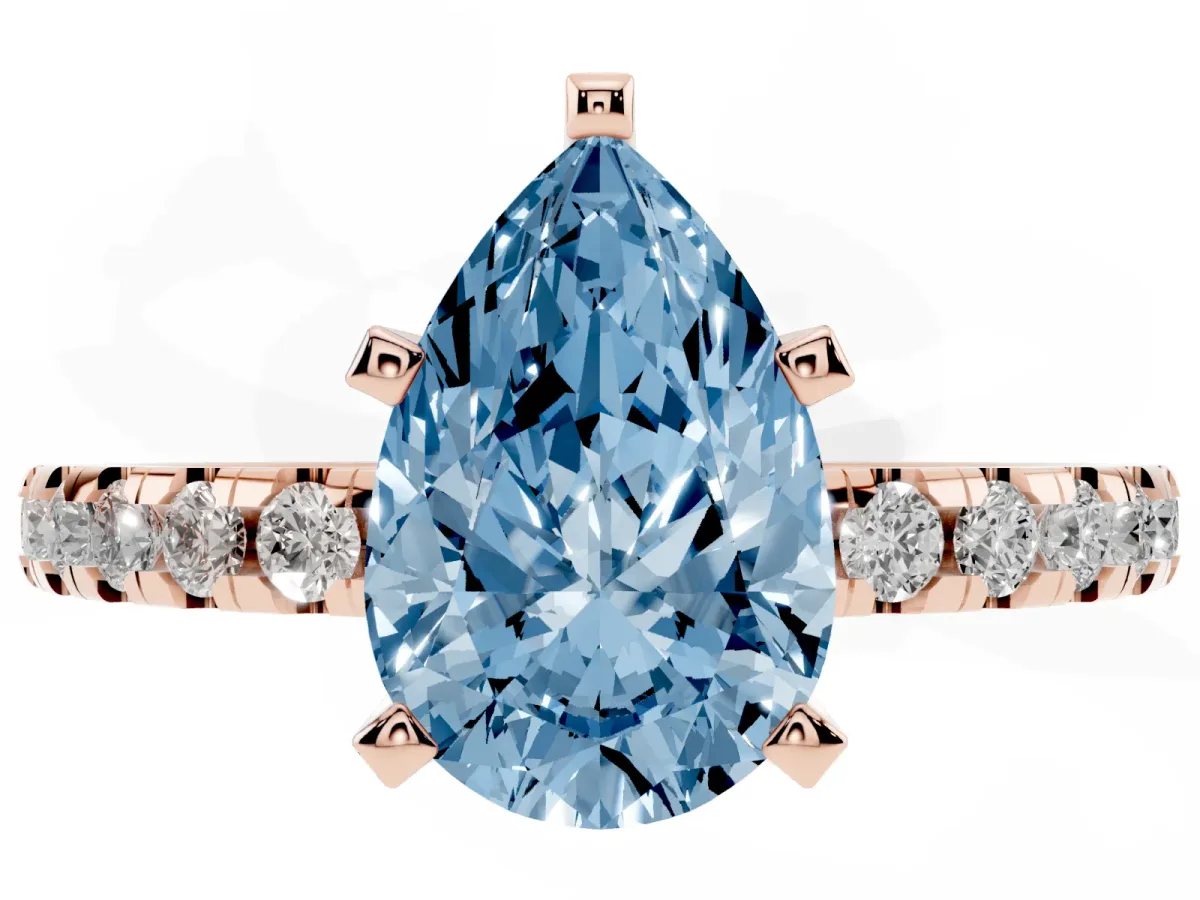 Fancy Blue Pear Cut Diamond Solitaire Ring with Round Pavé Band and Four-Prong Setting Rose gold