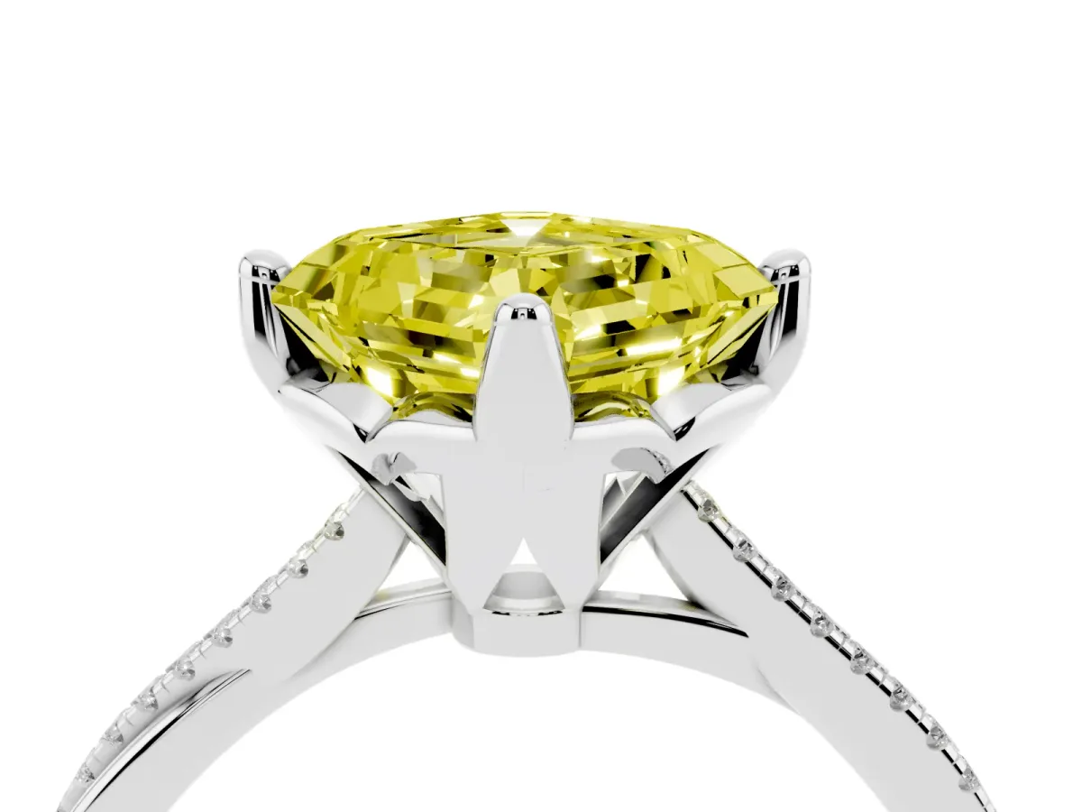 Fancy Yellow Asscher Cut Solitaire Twist Band with Pavé Diamonds and Four-Prong Setting Silver