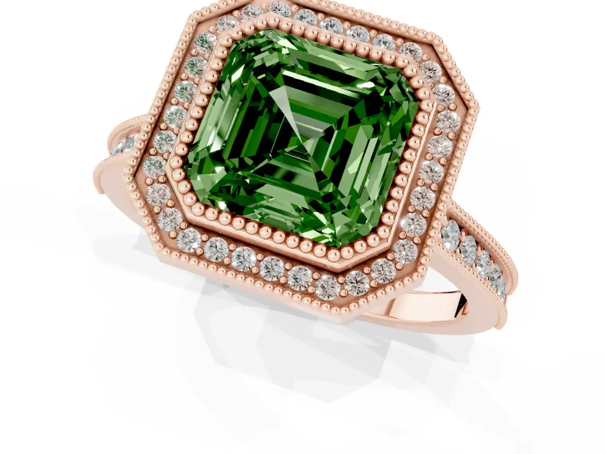 Fancy Green Halo Asscher Cut-Cut Diamond Pave Band Milgrain Prong Setting Ring Rose gold
