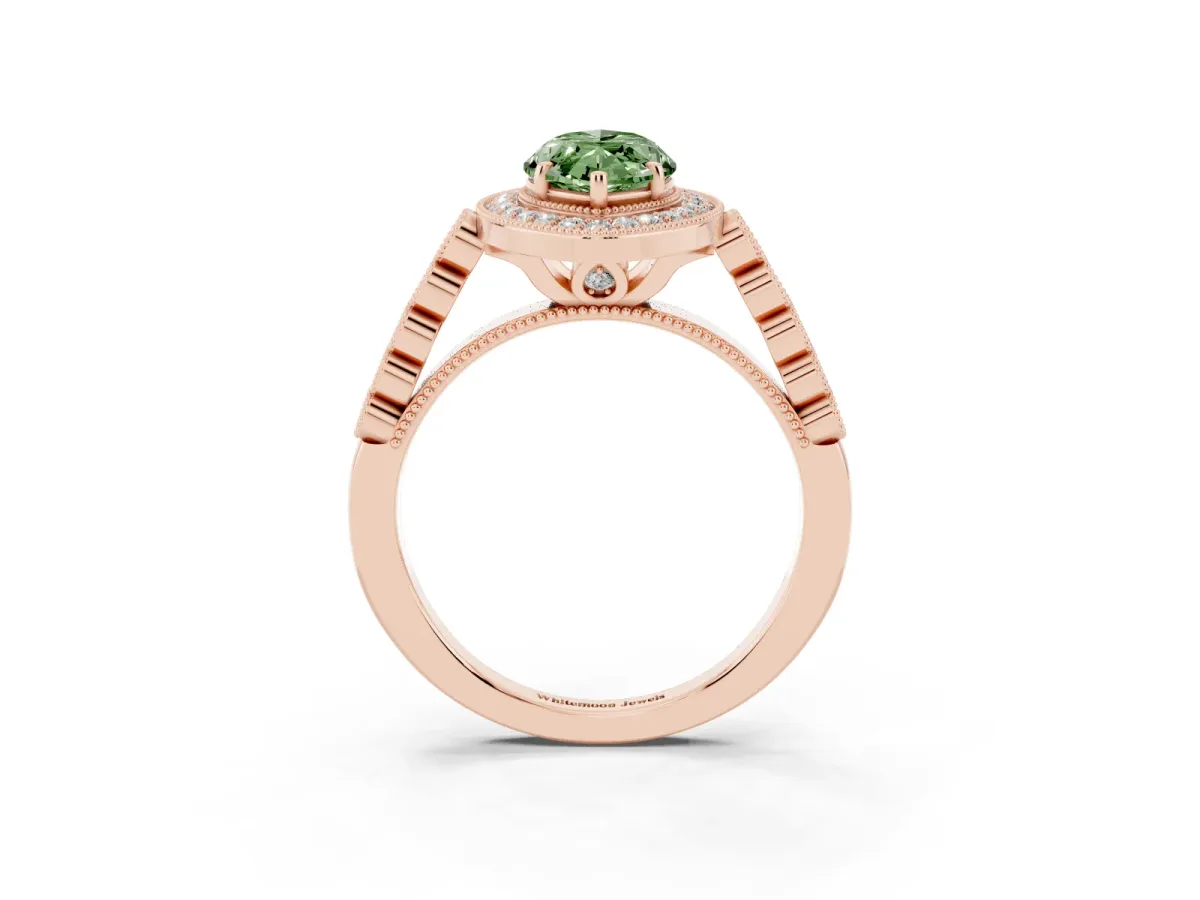 Fancy Green Marquise Cut Halo Milgrain Solitaire with Bezel Set Side Stones and Pave Band Rose gold