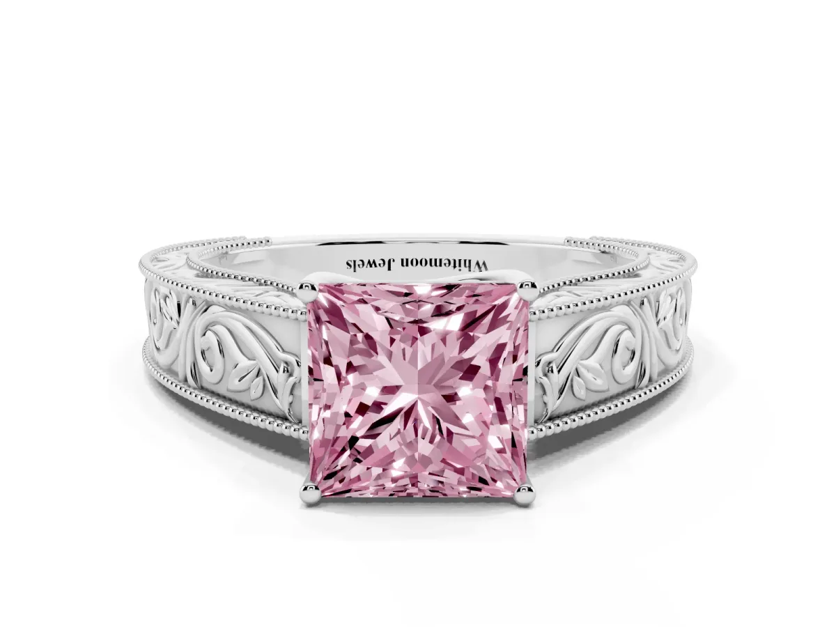 Fancy Pink Princess Cut Diamond Solitaire Ring with Engraved Band and Four-Prong Setting White gold