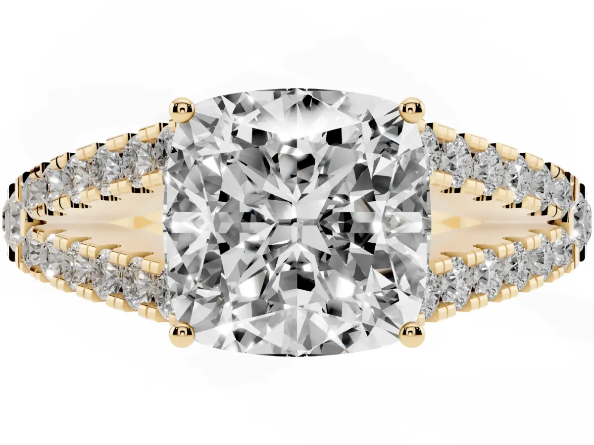 Cushion Cut Diamond Split Shank Pavé Engagement Ring with Four-Prong Setting Yellow gold