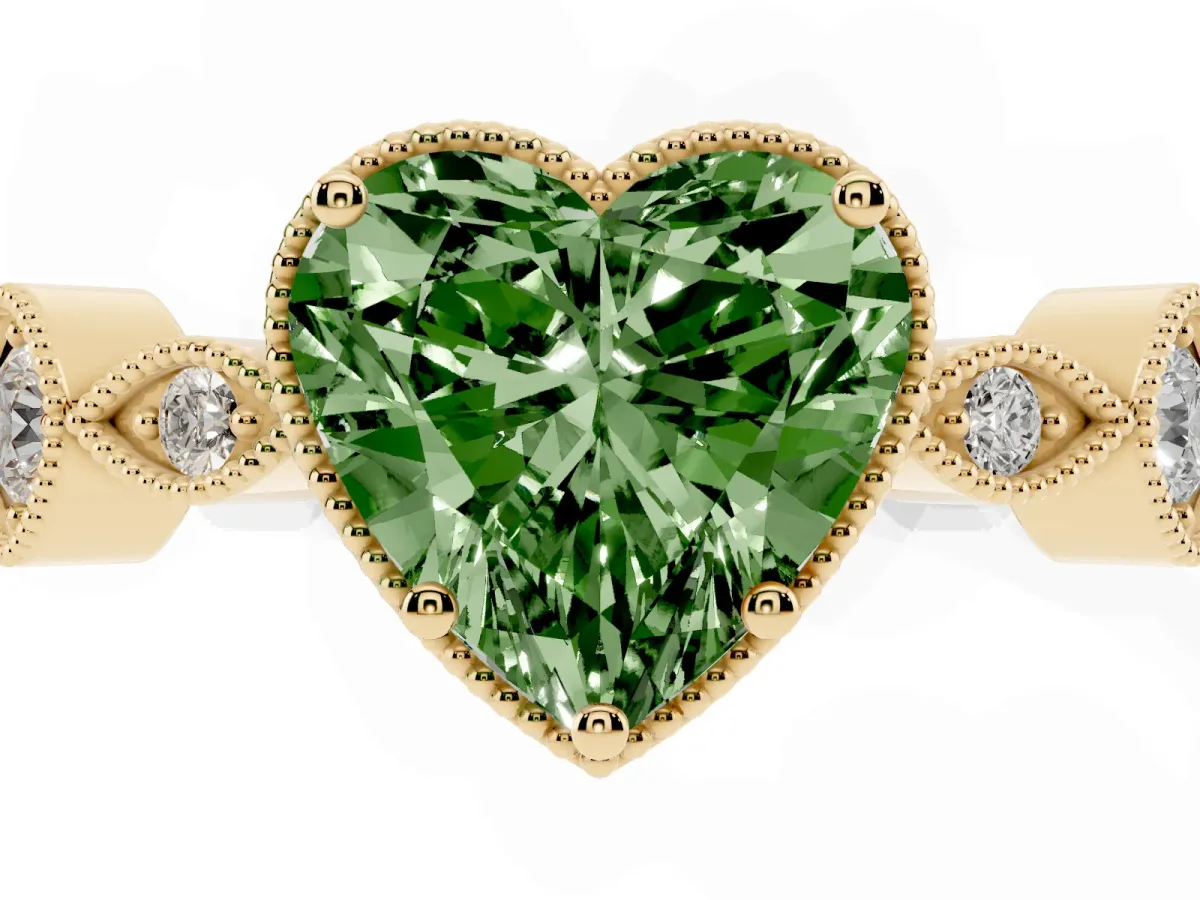 Fancy Green Heart Cut Diamond Vintage Milgrain Ring with Round Stations Yellow gold