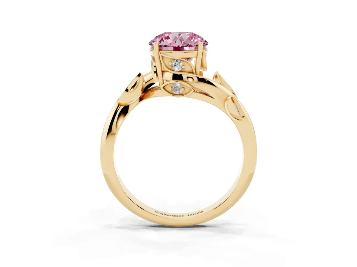Fancy Pink Round Cut Solitaire Twist Engagement Ring with Leaf Accents and Prong Setting Yellow gold