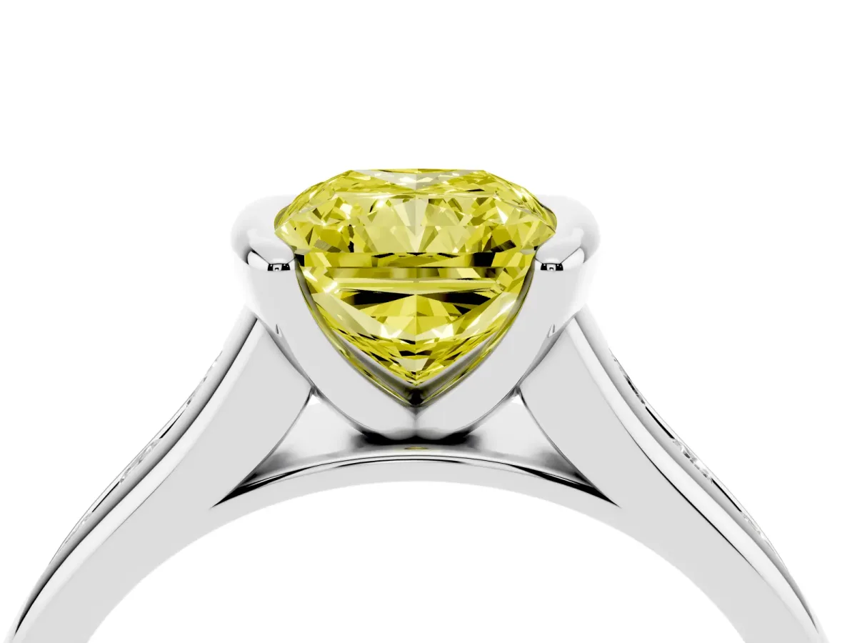 Fancy Yellow Radiant Cut Solitaire Bezel-Set Diamond Ring with Channel-Set Band Silver