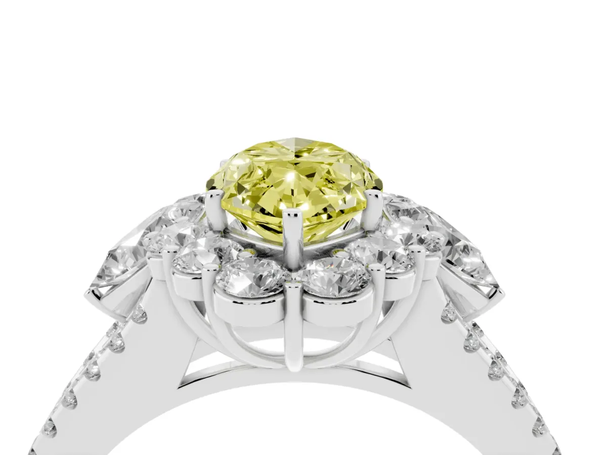 Fancy Yellow Marquise Cut Halo Split Shank Diamond Engagement Ring with Prong Setting Silver