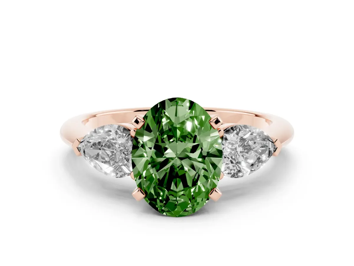 Fancy Green Three-Stone Oval Cut Diamond Ring with Pear Side Stones and Four-Prong Setting Rose gold