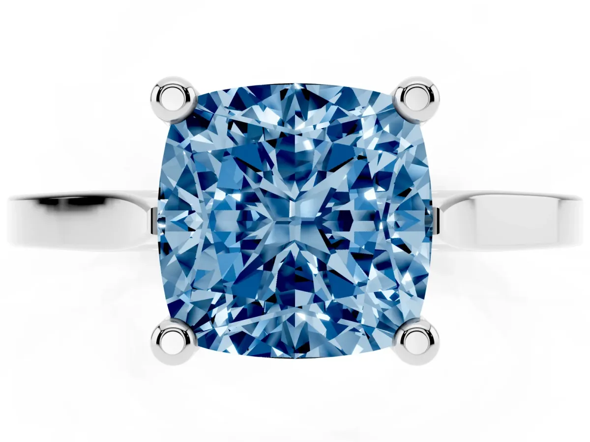 Fancy Blue Cushion Cut Solitaire Diamond Ring with Four-Prong Setting and Tapered Band Platinum
