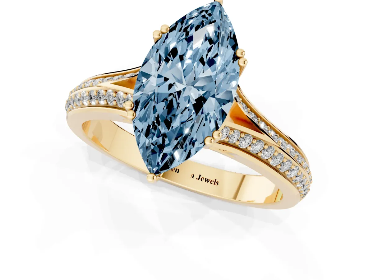 Fancy Blue Marquise Cut Diamond Split Shank Engagement Ring with Pavé Band Yellow gold