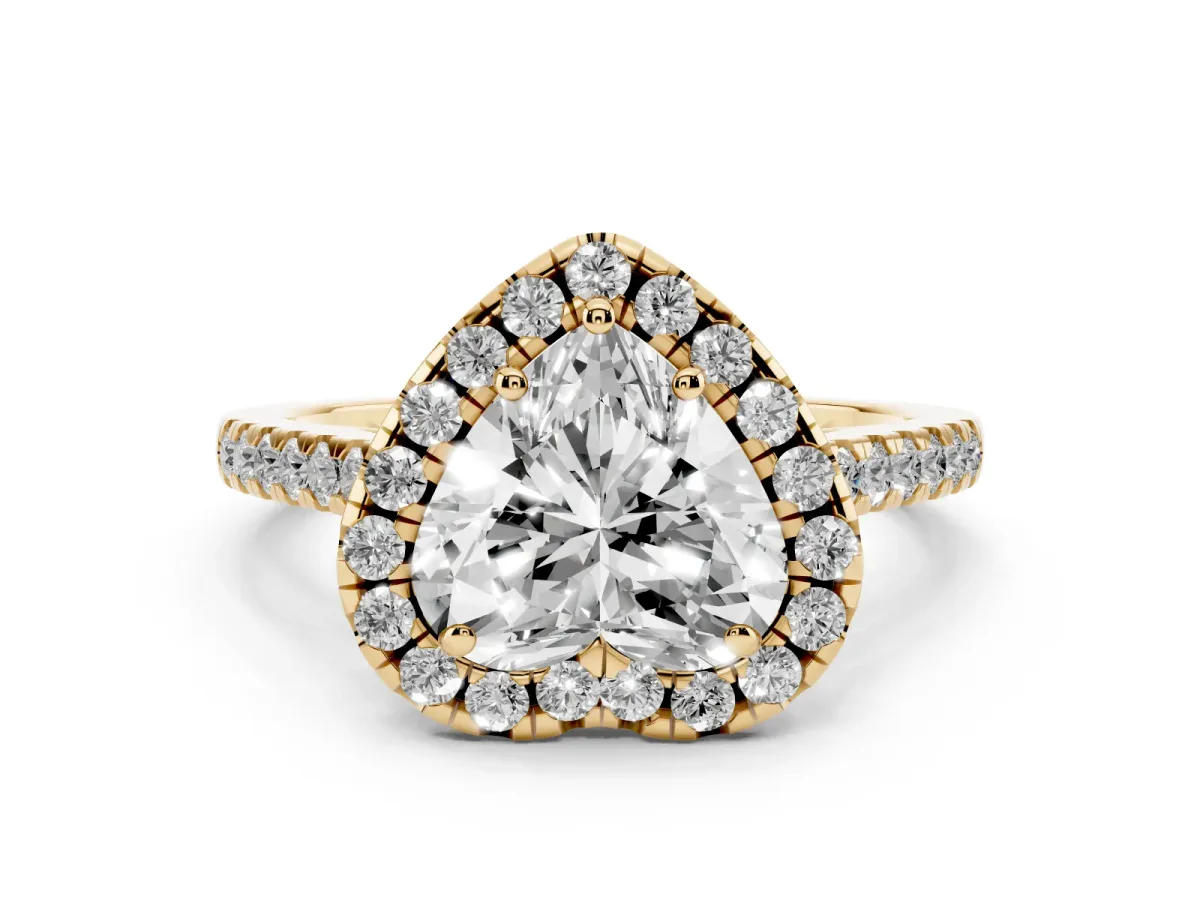 Heart Cut Halo Pavé Diamond Engagement Ring with Four-Prong Setting Yellow gold