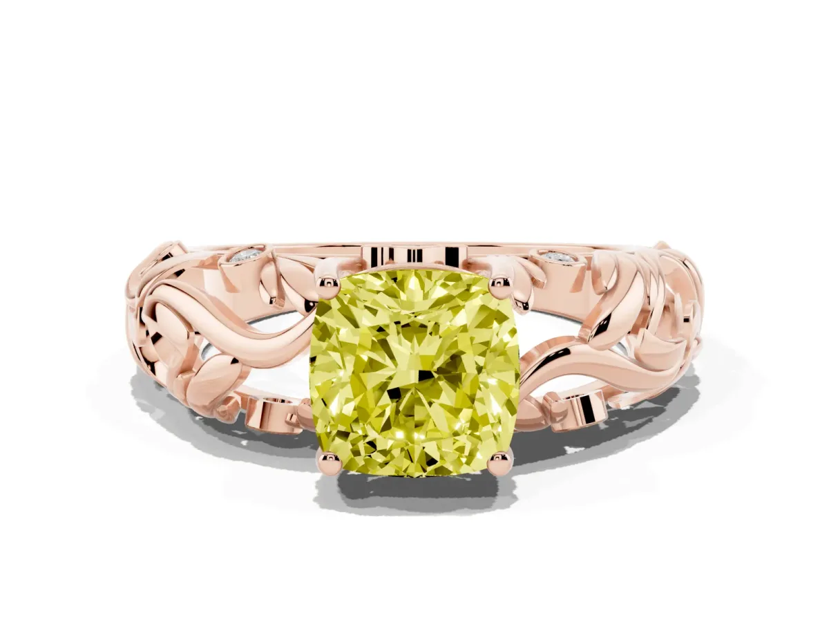 Fancy Yellow Cushion Cut Solitaire Diamond Leaf-Inspired Vine Band Ring with Prong Setting Rose gold