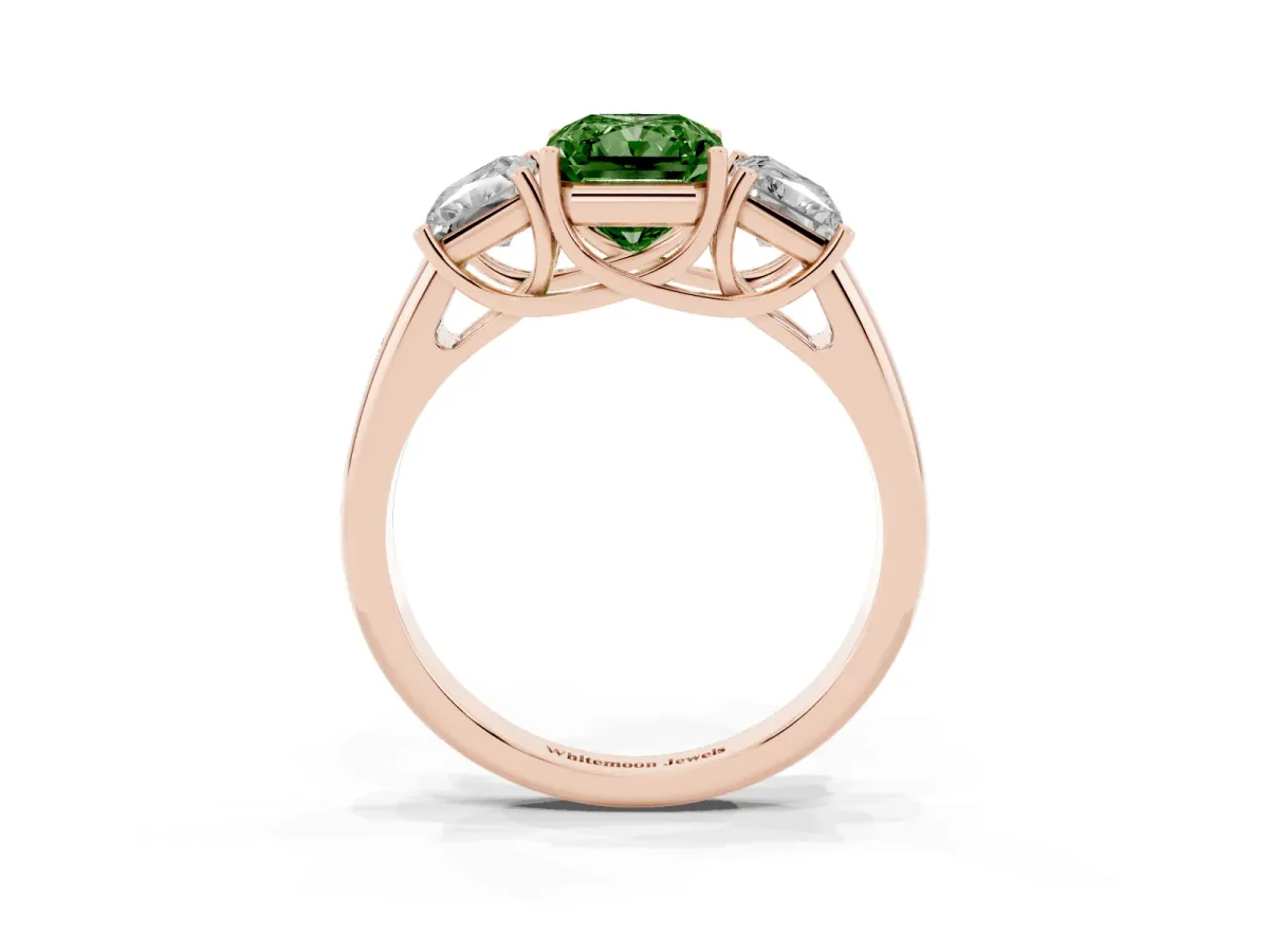 Fancy Green Three-Stone Radiant Cut Diamond Engagement Ring with Prong Setting Rose gold