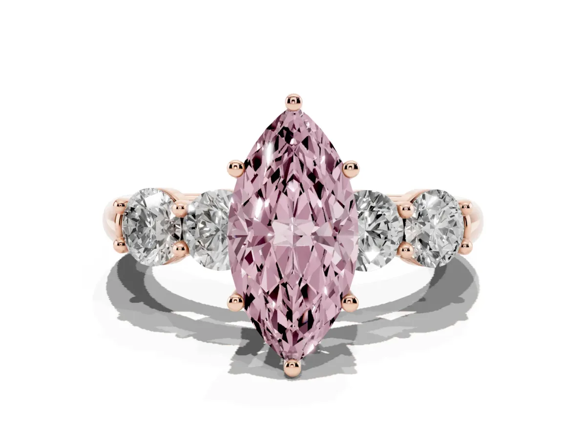 Fancy Pink Marquise Cut Cut Five-Stone Prong Set Diamond Ring with Classic Band Rose gold