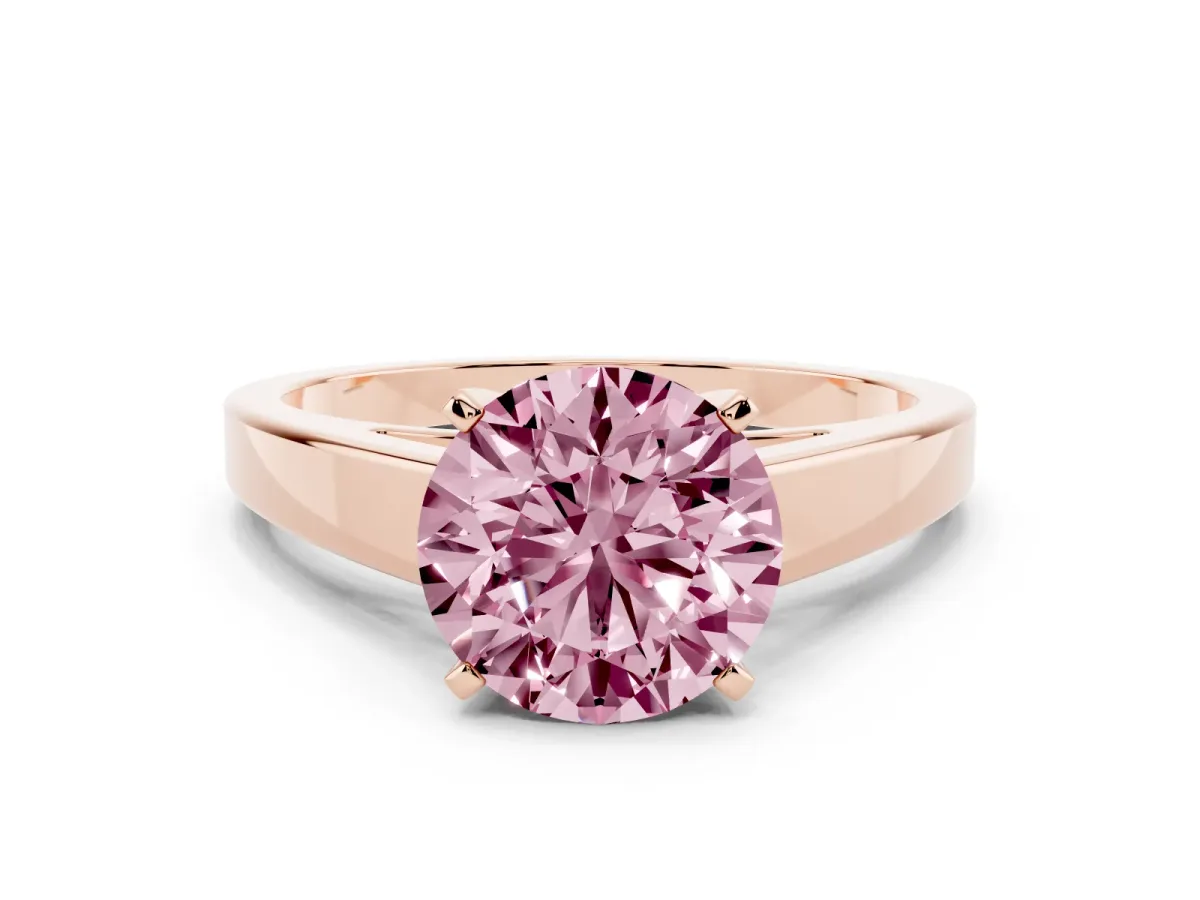 Fancy Pink Round Cut Solitaire Engagement Ring with Four-Prong Setting and Tapered Band Rose gold
