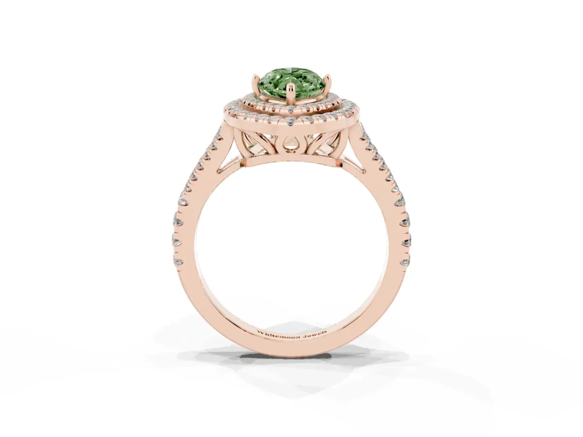 Fancy Green Marquise Cut Diamond Double Halo Ring with Pavé Band and Prong Setting Rose gold
