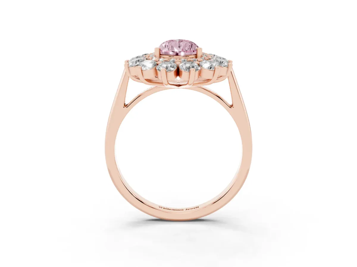 Fancy Pink Pear Cut Diamond Floral Double Halo Engagement Ring with Prong Setting Rose gold