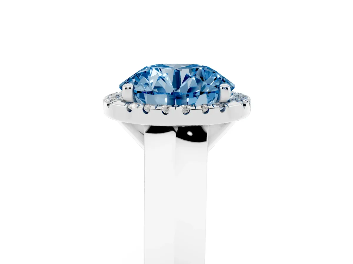 Fancy Blue Round Cut Halo Diamond Ring with Cathedral Band and Four-Prong Setting Platinum