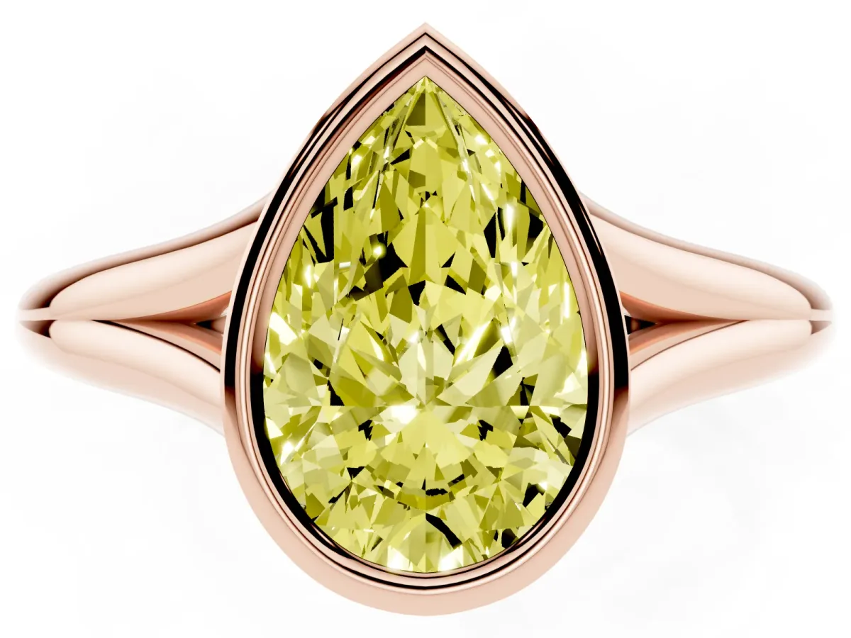 Fancy Yellow Bezel Set Pear Cut Cut Solitaire Ring with Tapered Band Rose gold