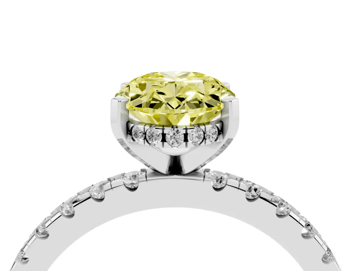 Fancy Yellow Oval Cut Diamond Solitaire Ring with Round Pavé Band and Four-Prong Setting Silver