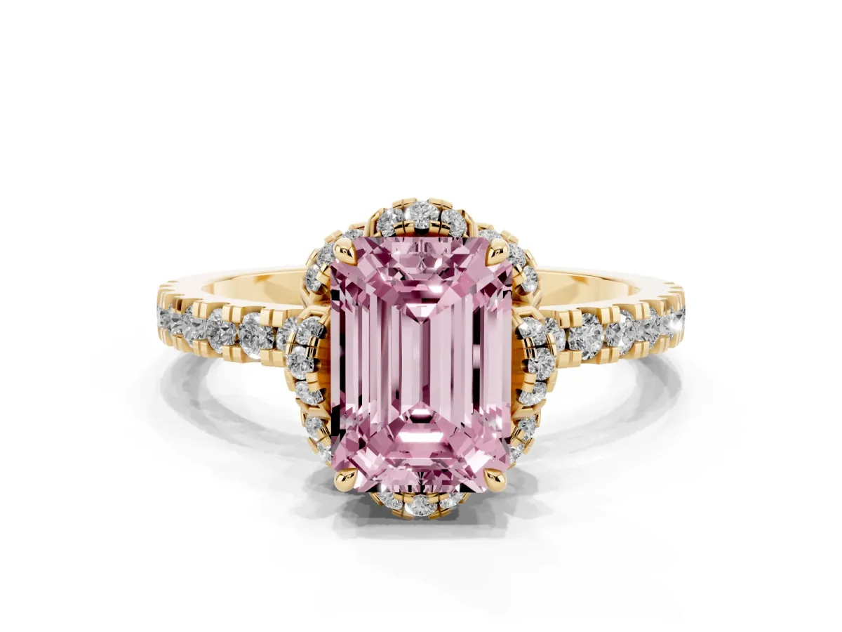 Fancy Pink Emerald Cut Halo Diamond Pave Band Ring with Four-Prong Setting Yellow gold