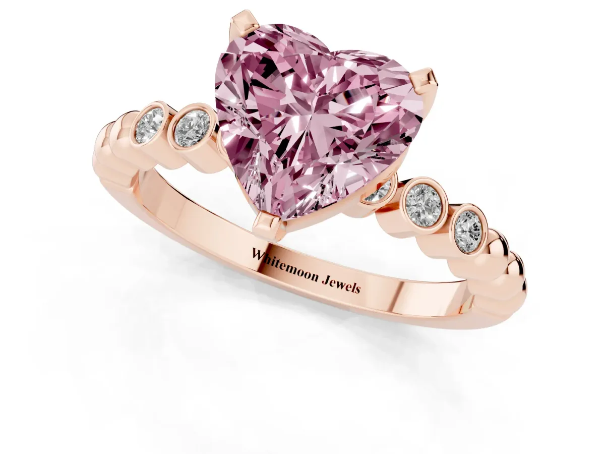 Fancy Pink Heart Cut Solitaire Bezel Accent Diamond Engagement Ring with Beaded Band and Four-Prong Setting Rose gold