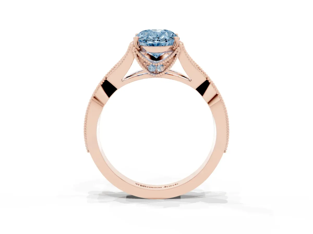 Fancy Blue Oval Cut Cut Diamond Twisted Band with Milgrain Pave Setting and Four-Prong Setting Rose gold