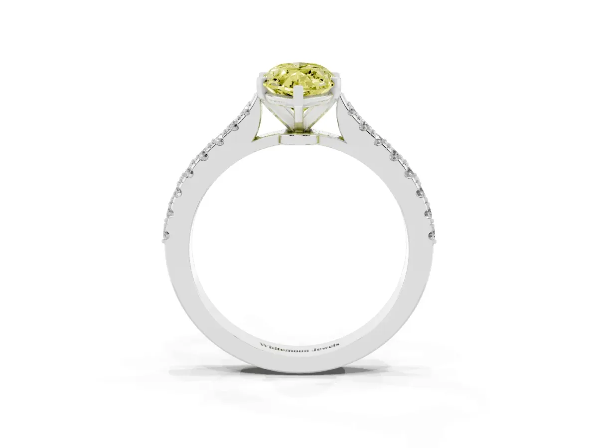 Fancy Yellow Marquise Cut Cut Solitaire Diamond Engagement Ring with Pave Band and Four-Prong Setting Platinum