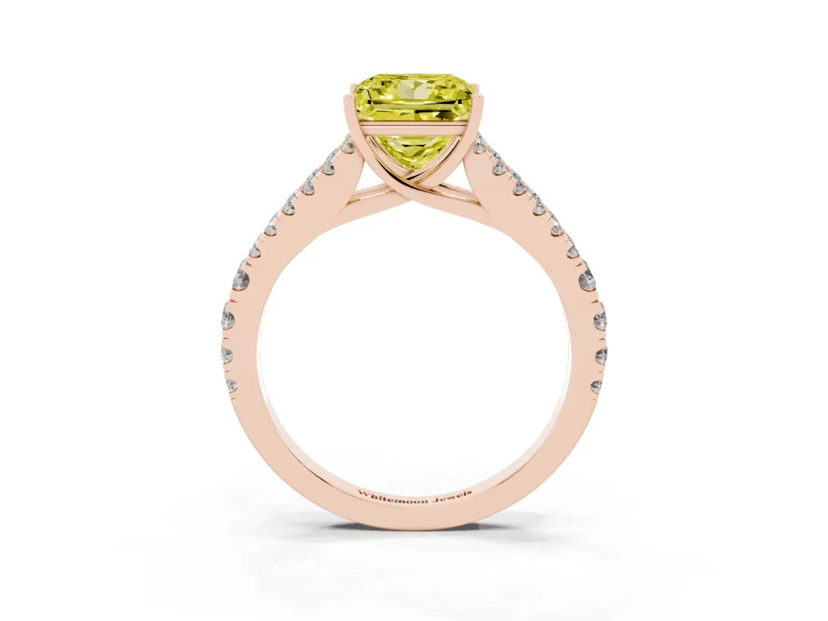 Fancy Yellow Princess Cut Diamond Split Shank Pavé Engagement Ring with Four-Prong Setting Rose gold