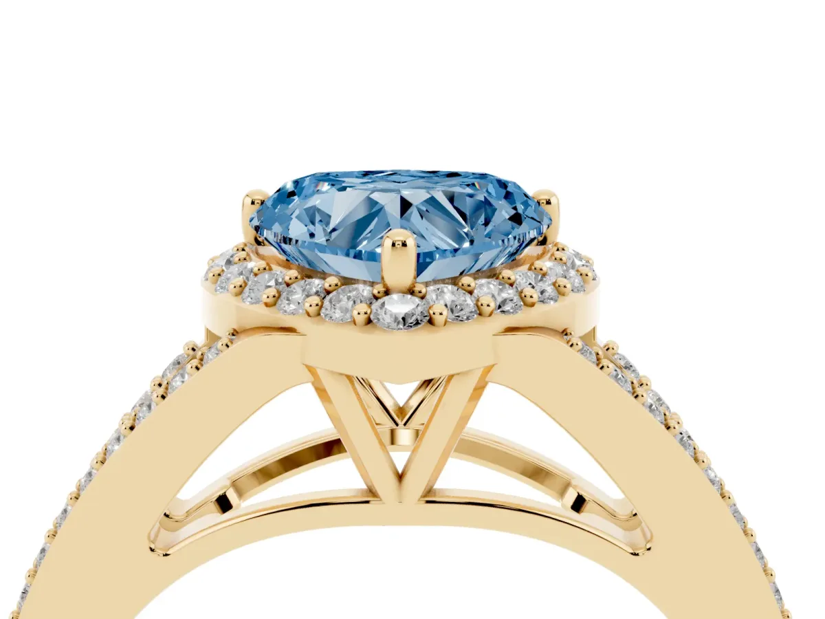 Fancy Blue Heart Cut Halo Split Shank Diamond Ring with Prong Setting Yellow gold