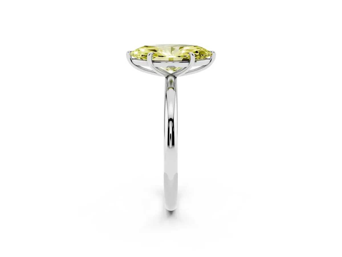 Fancy Yellow Oval Cut Solitaire Diamond Ring with Four-Prong Setting on a Plain Band Platinum