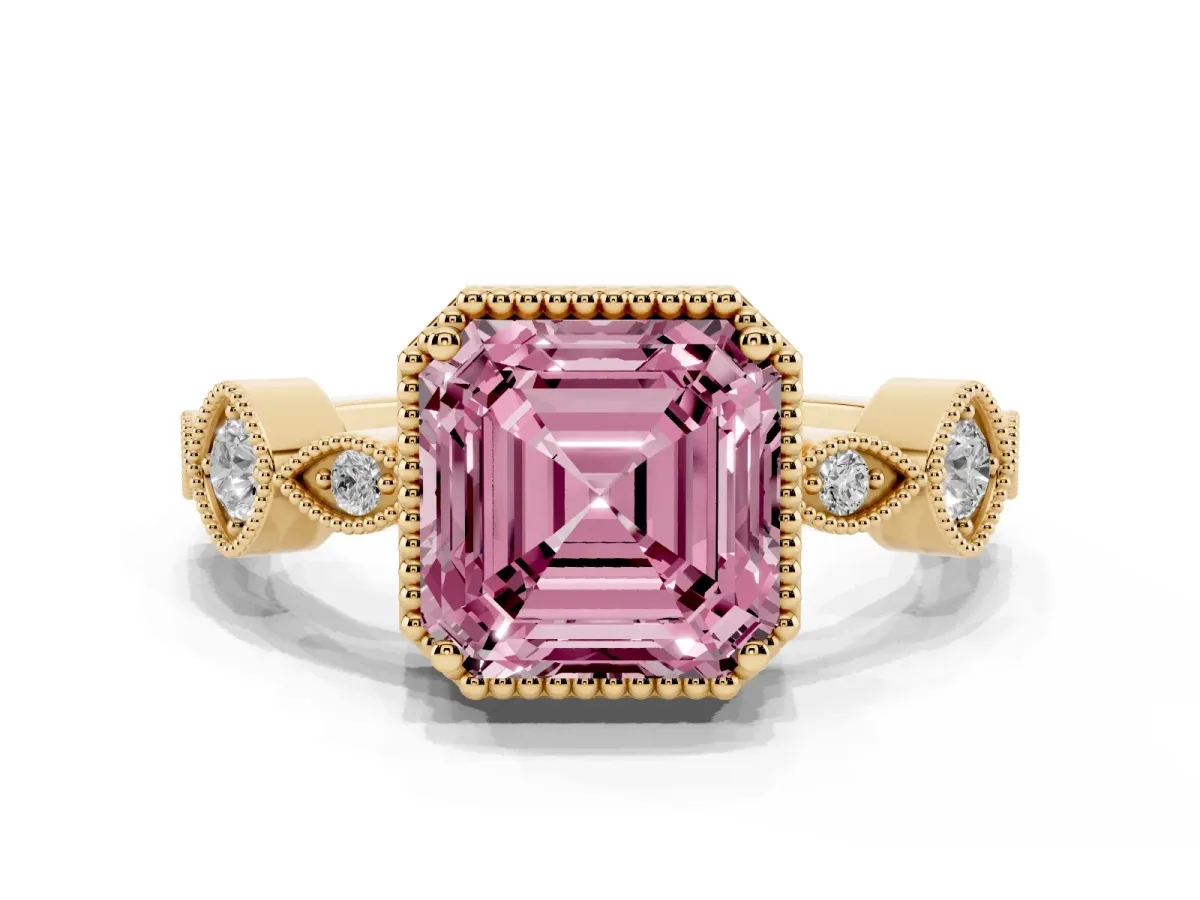 Fancy Pink Asscher Cut Diamond Vintage Milgrain Ring with Round Stations Yellow gold