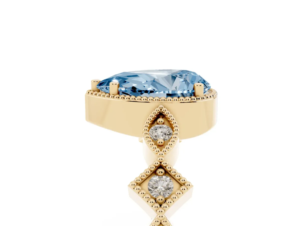 Fancy Blue Pear Cut Milgrain Marquise Diamond Twist Band Ring Yellow gold