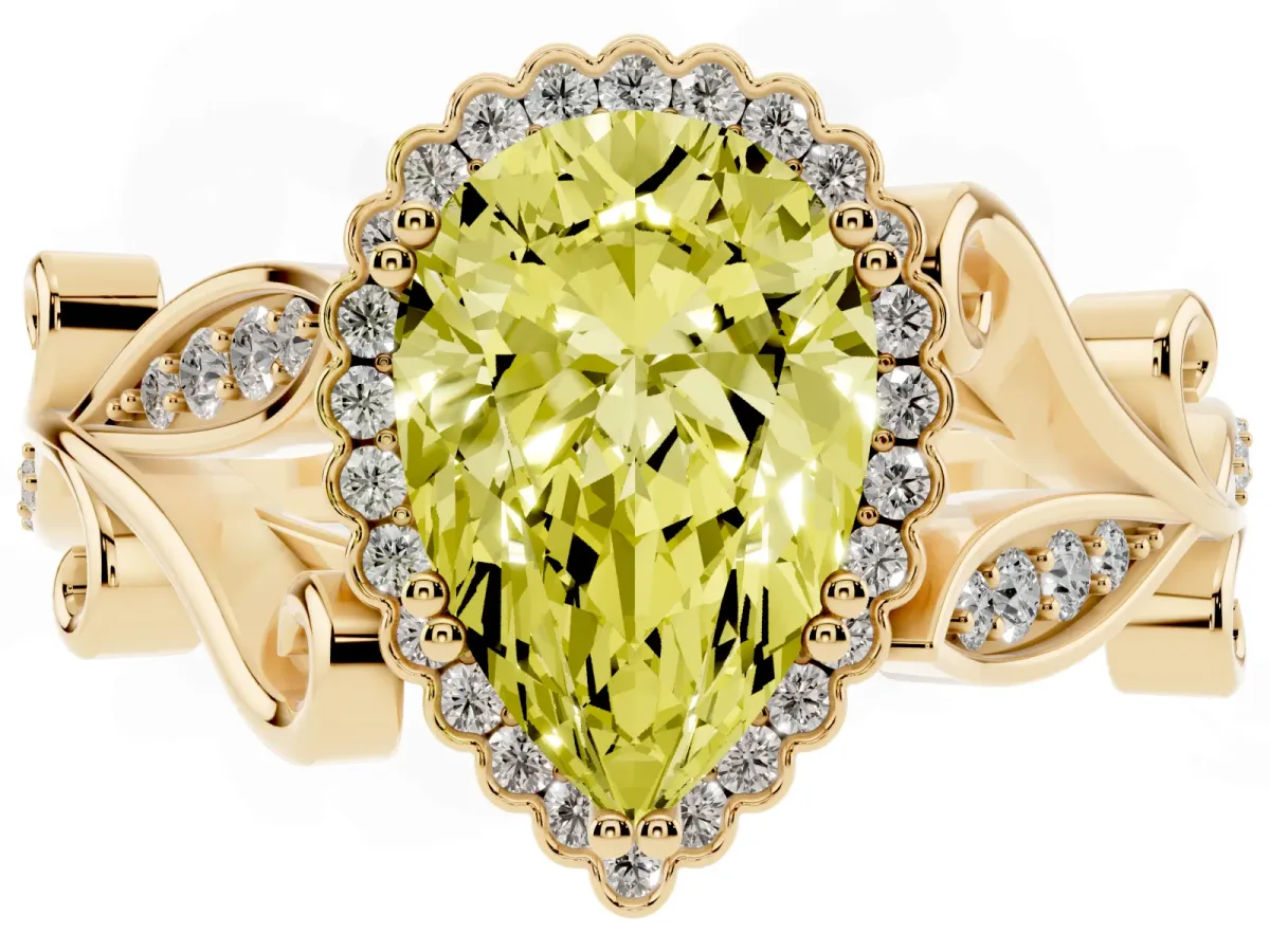 Fancy Yellow Pear Cut Diamond Halo Ring with Vintage Split Shank and Four-Prong Setting Yellow gold