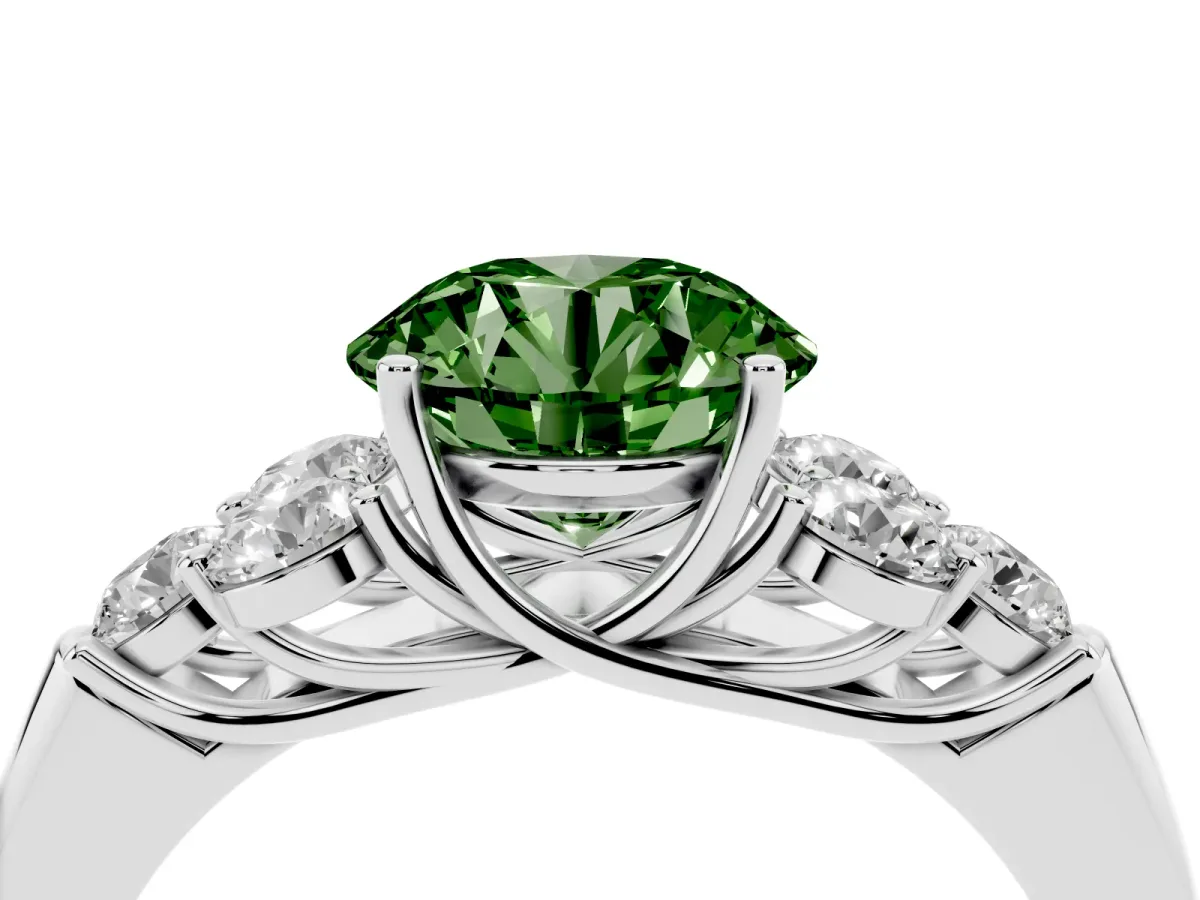 Fancy Green Round Cut Cut Diamond Cluster Ring with Round Accent Stones and Prong Setting on a Classic Band Silver