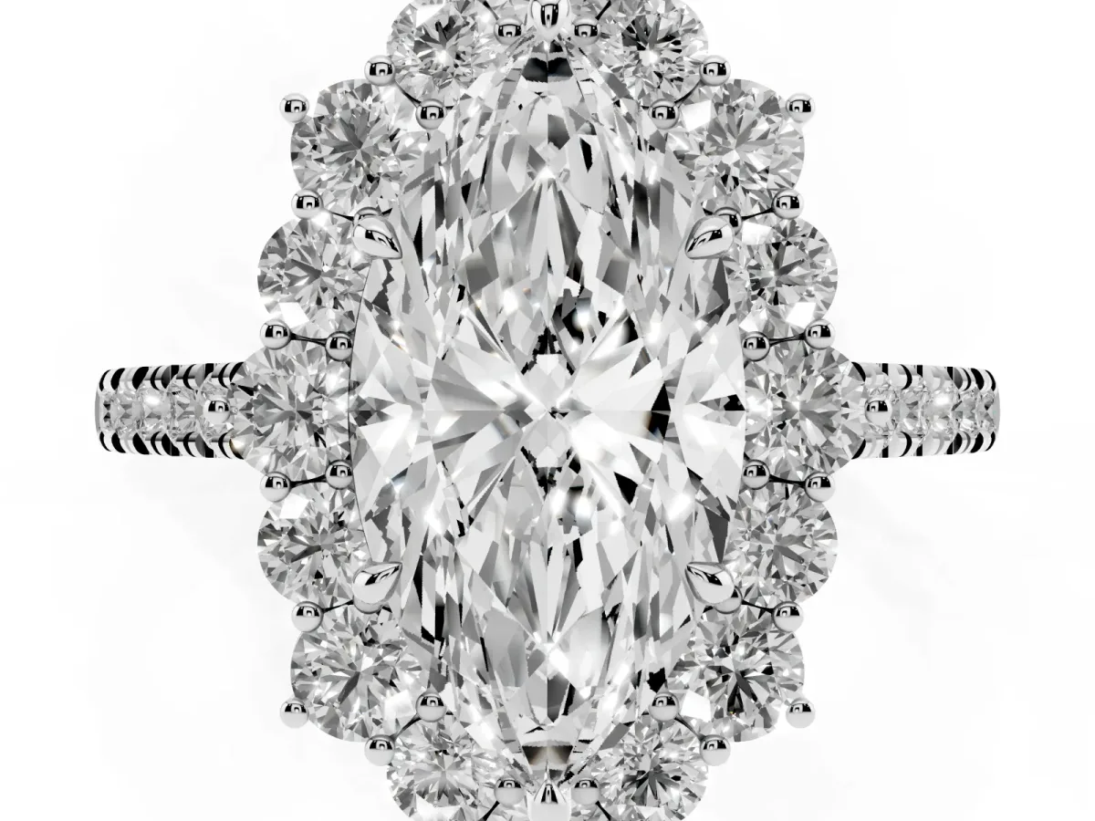 Marquise Cut Halo Diamond Ring with Pavé Band and Prong Setting Platinum