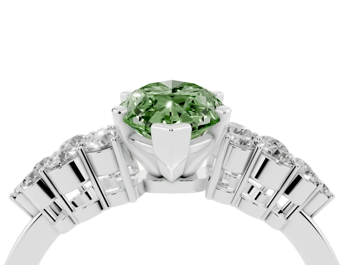 Fancy Green Marquise Cut Cluster Diamond Engagement Ring with Pavé Band and Four-Prong Setting White gold