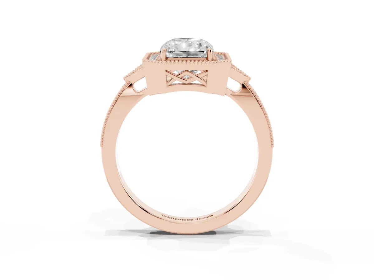 Radiant Cut Halo Round Diamond Milgrain Pave Engagement Ring Rose gold