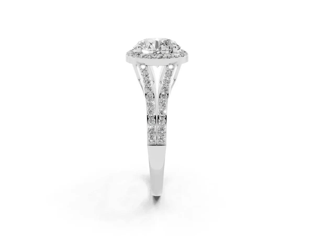 Round Cut Halo Split Shank Pave Diamond Ring with Four-Prong Setting Silver