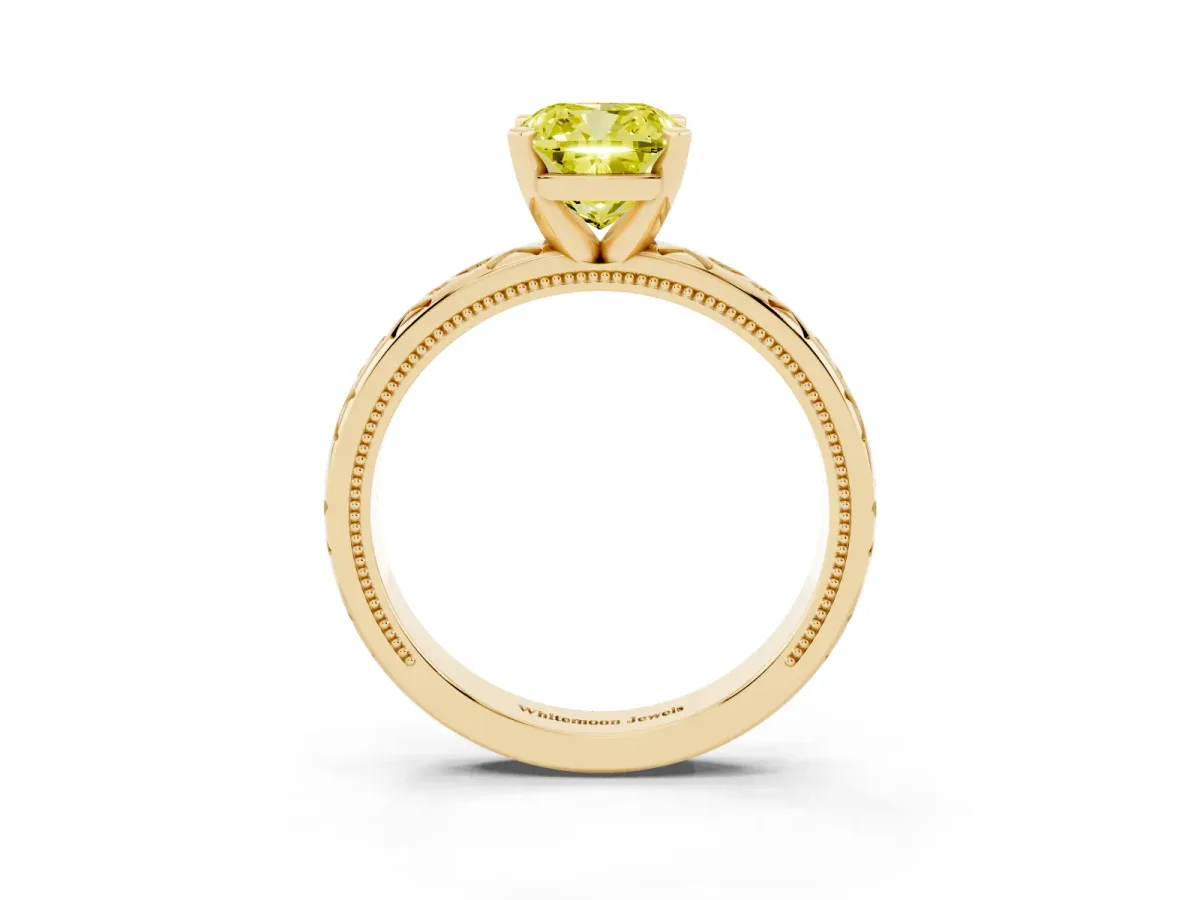 Fancy Yellow Cushion Cut Solitaire Engagement Ring with Scrollwork Band and Four-Prong Setting Yellow gold
