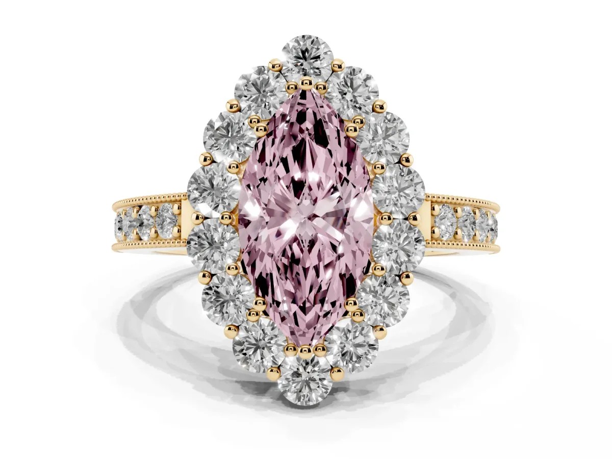 Fancy Pink Marquise Cut Cut Halo Diamond Pavé Engagement Ring with Milgrain Detailing Yellow gold