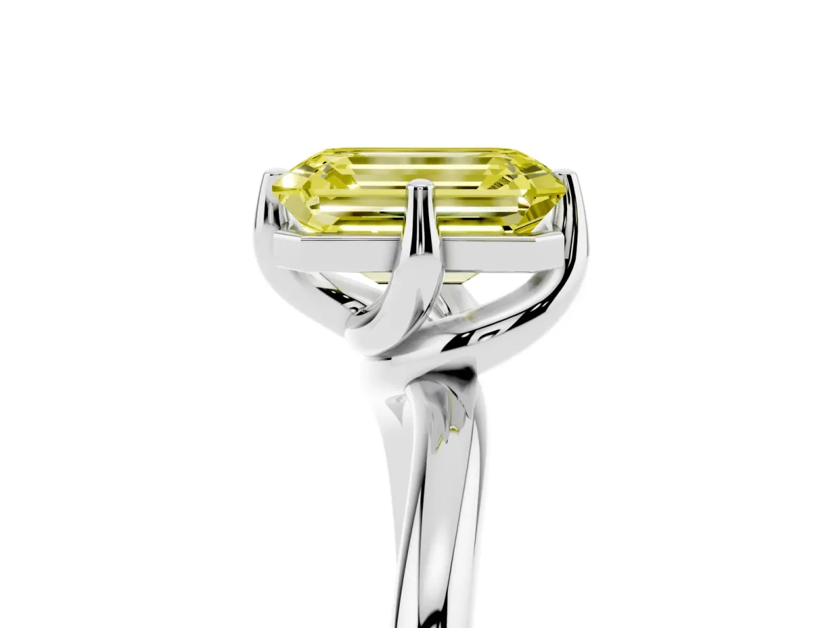 Fancy Yellow Emerald Cut Diamond Solitaire Engagement Ring with Four-Prong Setting and Classic Band Silver