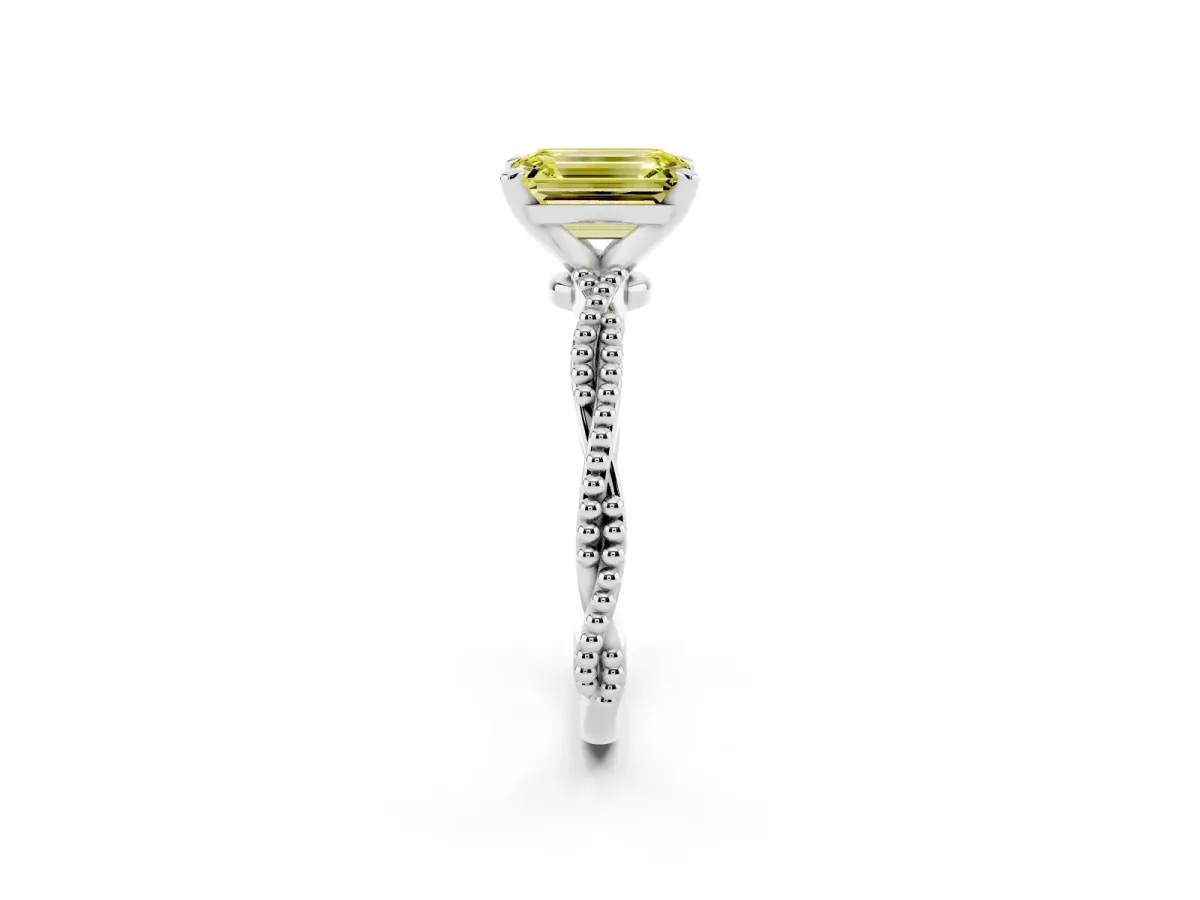 Fancy Yellow Emerald Cut Solitaire Twisted Band with Bead Prong Setting Silver