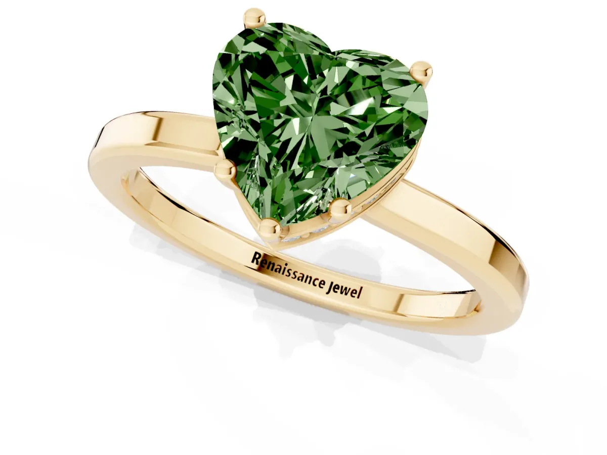 Fancy Green Heart Cut Cut Solitaire Engagement Ring with Four-Prong Setting on a Classic Band Yellow gold