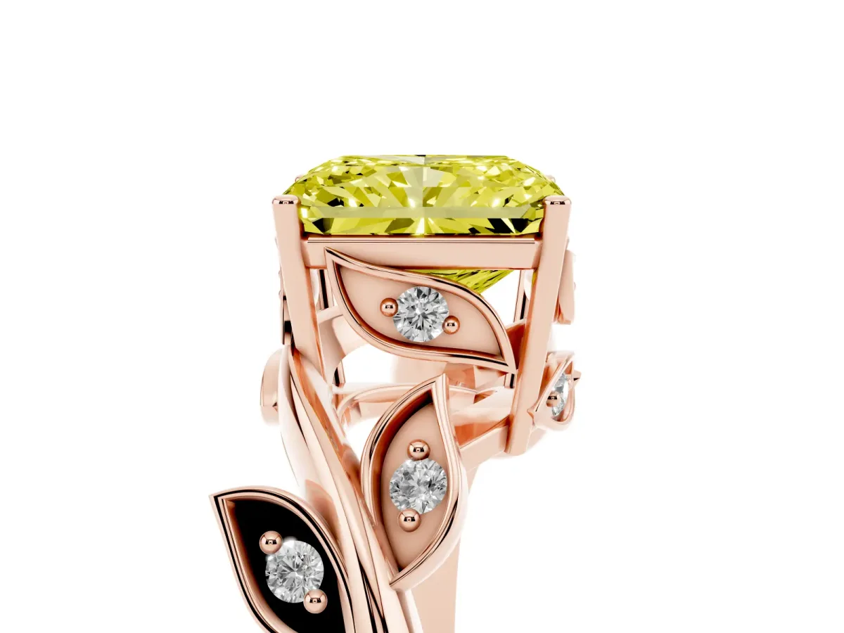 Fancy Yellow Radiant Cut Solitaire Twist Engagement Ring with Leaf Accents and Prong Setting Rose gold