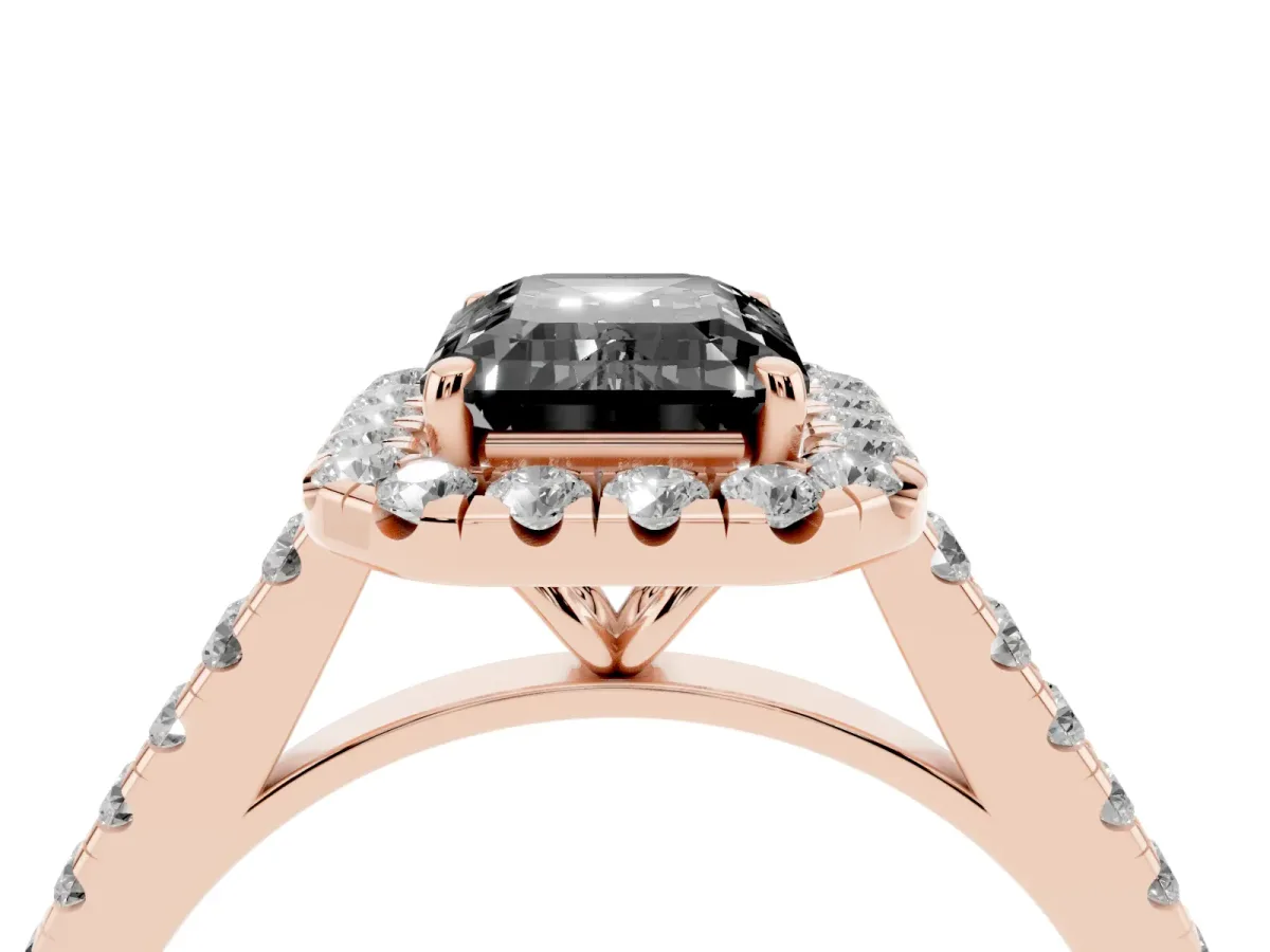 Fancy Black Emerald Cut Halo Pave Diamond Engagement Ring with Four-Prong Setting Rose gold