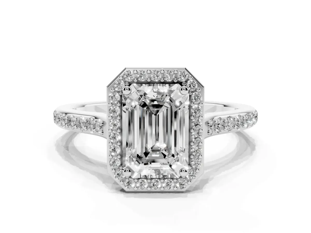 Emerald Cut Diamond Halo Engagement Ring with Round Pavé Shoulders and Prong Setting White gold
