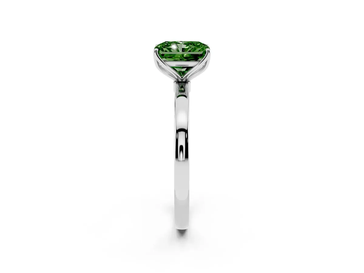 Fancy Green Radiant Cut Diamond Solitaire Ring with Thin Band and Prong Setting Silver