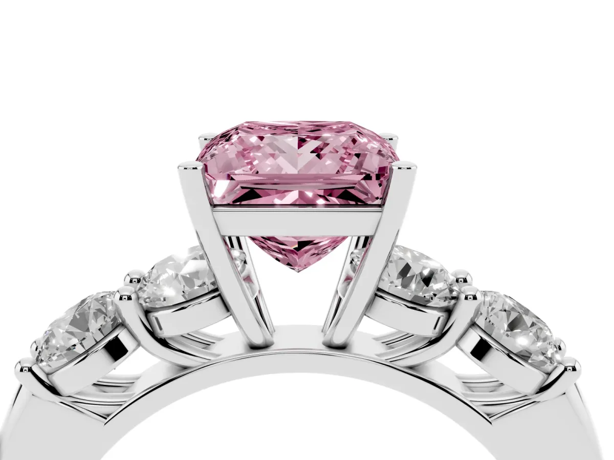 Fancy Pink Princess Cut Cut Five-Stone Prong Set Diamond Ring with Classic Band Silver