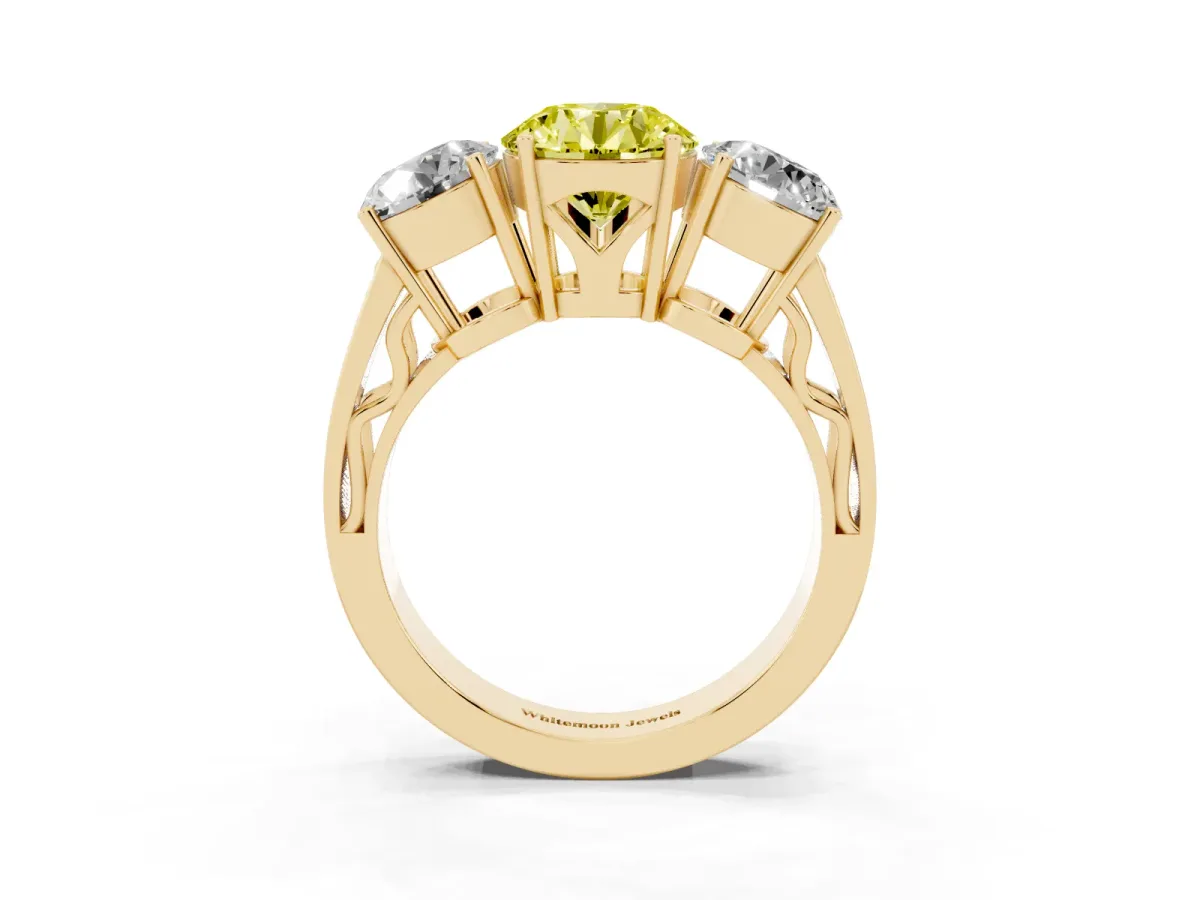 Fancy Yellow Round Cut Diamond Three-Stone Ring with Prong Setting and Textured Band Yellow gold