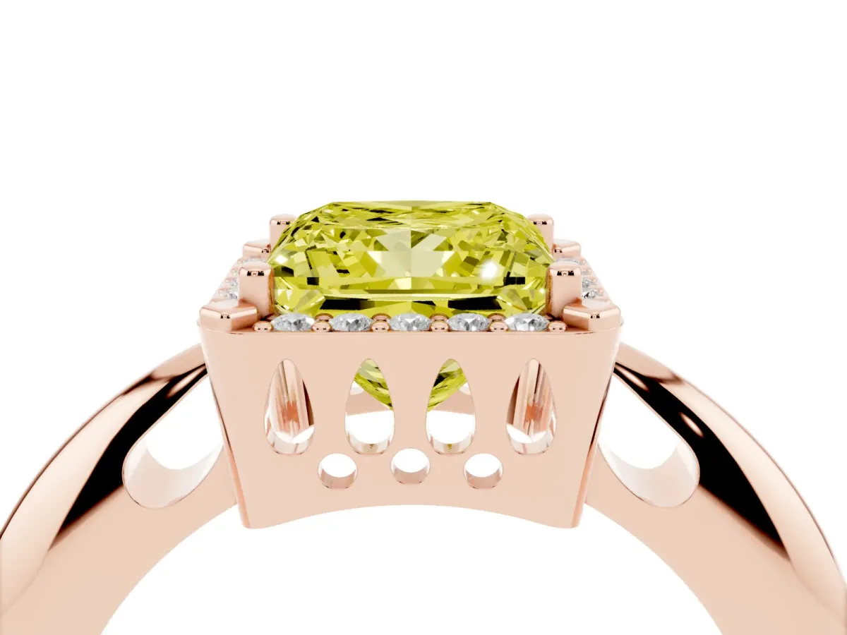 Fancy Yellow Princess Cut Cut Diamond Halo Engagement Ring with Split Shank and Four-Prong Setting Rose gold